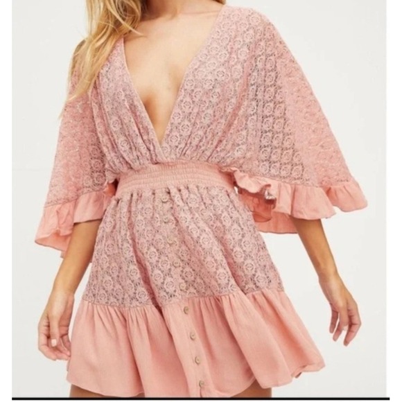 Free People Pants - Free People Lace Bell Sleeve Romper Pink Boho V-Neck Open Back Large